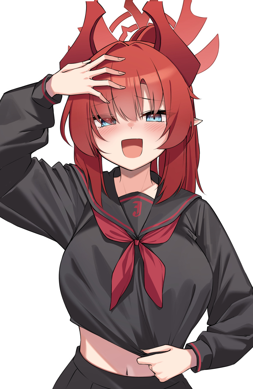 1girl absurdres alternate_costume black_serafuku blue_archive blue_eyes blush breasts commentary cropped_shirt demon_horns hair_intakes halo highres horns large_breasts long_sleeves looking_at_viewer megu_(blue_archive) midriff navel pleated_skirt pointy_ears red_hair school_uniform serafuku simple_background skirt smile solo white_background ziro_(zirorong)