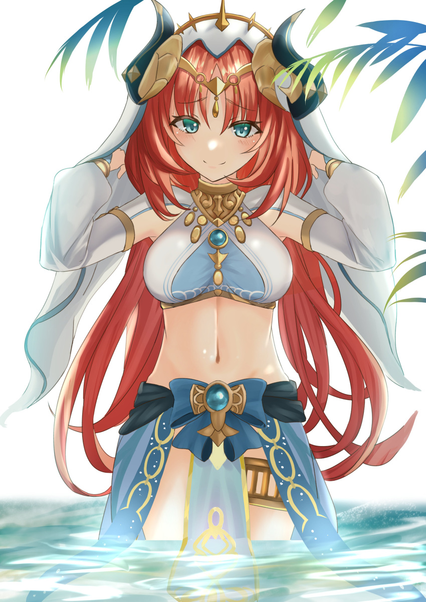 1girl absurdres blue_eyes blue_skirt blush breasts brooch commentary_request crop_top genshin_impact highres horns jewelry large_breasts long_hair long_sleeves looking_at_viewer midriff navel neck_ring nilou_(genshin_impact) red_hair shinta_(the-mattyaman) skirt smile solo standing stomach thighlet very_long_hair wading water white_background