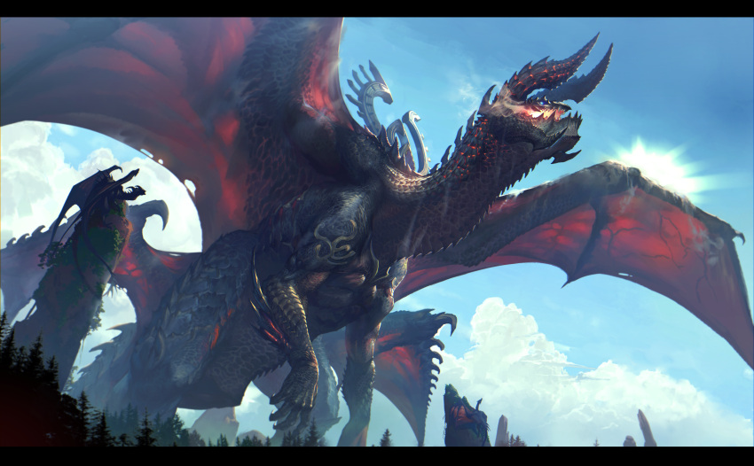 absurdres blue_sky cloud day dragon highres no_humans open_mouth original outdoors size_difference sky standing tree yaziri