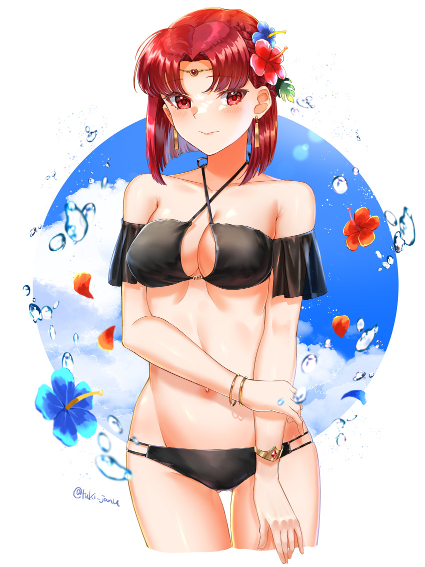 1girl absurdres alternate_costume bikini black_bikini breasts circlet cleavage cloud commentary earrings fire_emblem fire_emblem:_the_binding_blade flower hair_flower hair_ornament hand_on_own_arm highres jewelry looking_to_the_side medium_breasts melady_(fire_emblem) red_eyes red_hair short_hair sky swimsuit tsukimura_(d24f4z8j3t)