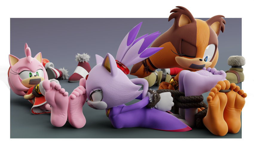 3d_(artwork) absurd_res alpha_channel amy_rose badger barefoot blaze_the_cat bound digital_media_(artwork) domestic_cat eulipotyphlan feet feetymcfoot felid feline felis female foot_focus gag group hedgehog hi_res mammal mustelid musteline sega soles sonic_boom sonic_the_hedgehog_(series) sticks_the_jungle_badger tape tape_gag toes