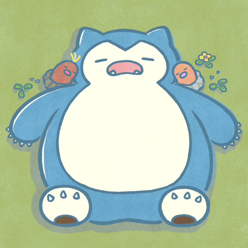 alolan_diglett closed_eyes commentary_request diglett flower green_background highres leaning lying momo_irone no_humans official_art on_back open_mouth pokemon pokemon_(creature) simple_background sleeping snorlax