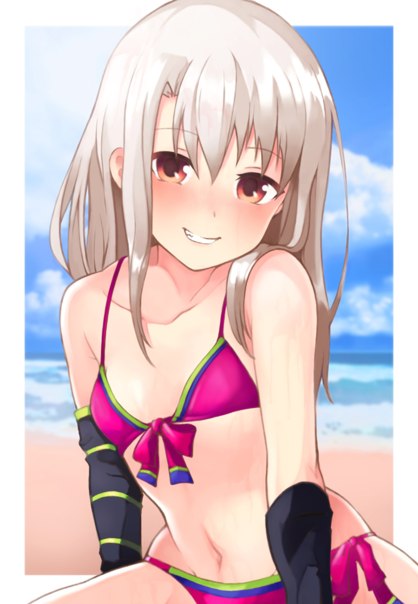 1girl asymmetrical_gloves bare_shoulders beach bikini black_gloves blue_sky blush breasts cleavage collarbone day fate/grand_order fate/kaleid_liner_prisma_illya fate_(series) fingerless_gloves front-tie_top gloves grin highres illyasviel_von_einzbern illyasviel_von_einzbern_(swimsuit_archer) illyasviel_von_einzbern_(swimsuit_archer)_(third_ascension) long_hair looking_at_viewer mochi_(k620803n) navel ocean outdoors pink_bikini red_eyes revision shore side-tie_bikini_bottom sky small_breasts smile swimsuit teeth uneven_gloves white_hair