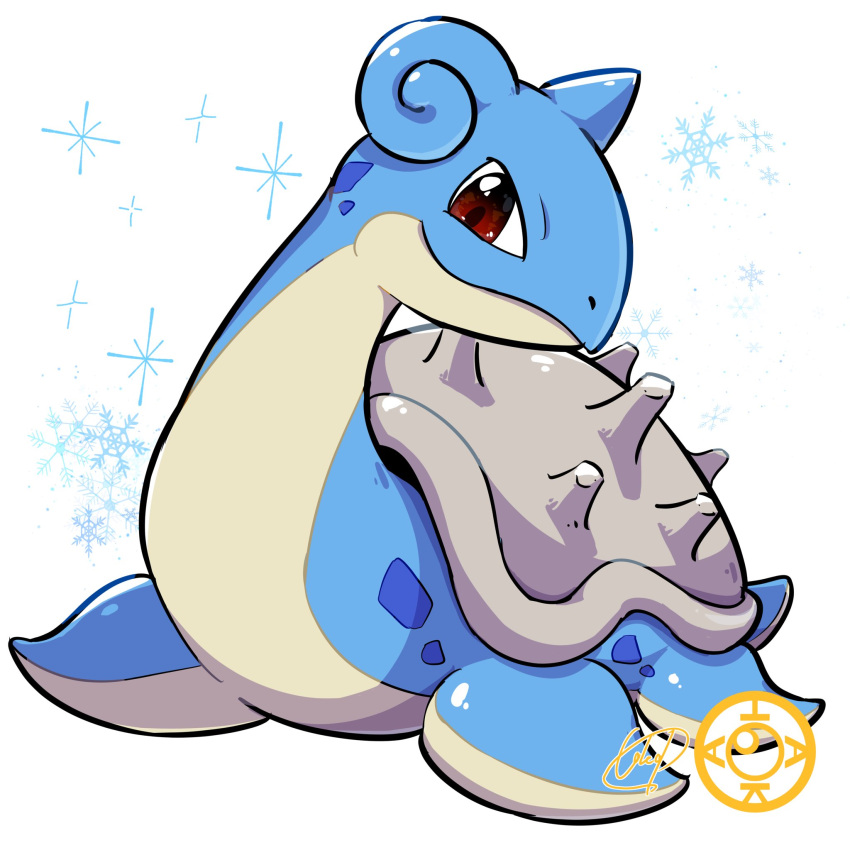 commentary_request highres horns ice_background lapras looking_at_viewer no_humans pokemon pokemon_(creature) red_eyes shell simple_background smile tail takap_oekaki