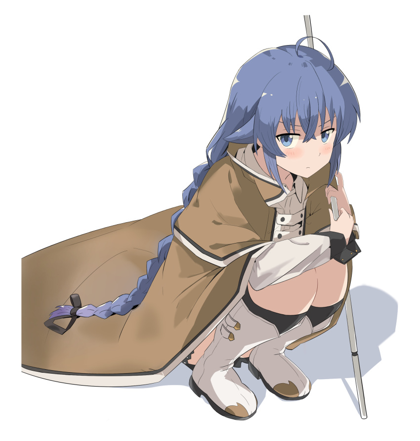 1girl blue_eyes blue_hair braid brown_cape cape crossed_bangs dong_hun hair_between_eyes highres holding holding_staff long_braid mushoku_tensei roxy_migurdia staff twin_braids