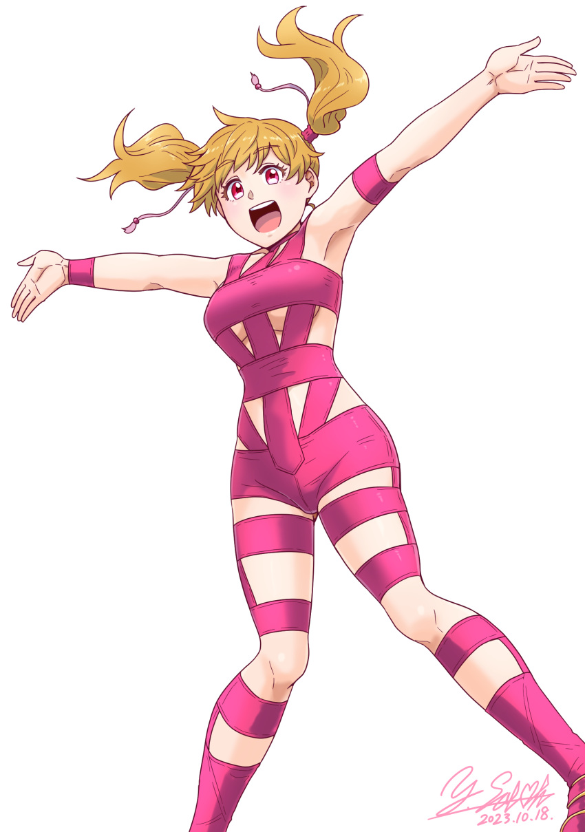 absurdres armband artist_name bodysuit boots breasts brown_hair dated dutch_angle fresh_precure! highres hot_limit medium_breasts medium_hair momozono_love open_mouth outstretched_arms pink_bodysuit pink_eyes pink_footwear precure satou_yasu signature simple_background smile spread_arms standing t.m.revolution twintails white_background wristband