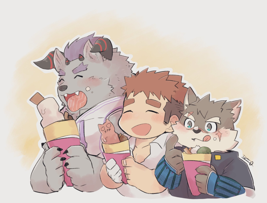 anthro behemoth_(housamo) blush canid canine canis chibi crepe domestic_dog eating eyebrows group hi_res horn human igarashi_ta licking licking_lips lifewonders male mammal monster moritaka ryouta_yakushimaru scar thick_eyebrows tokyo_afterschool_summoners tongue tongue_out trio