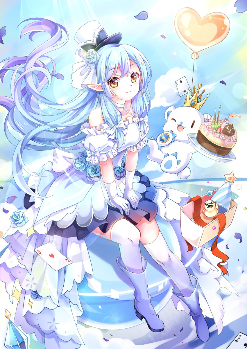 1girl ;d absurdres back_bow balloon bare_shoulders bear birthday_cake blue_background blue_flower blue_hair blue_rose boots bow cake candle card choker cloud dress dress_flower floating_hair flower food frilled_dress frills full_body gyaza hair_flower hair_ornament hands_on_own_thighs hat heart_balloon highres holding holding_cake holding_food knee_boots layered_dress lens_flare lens_flare_abuse light_blue_hair long_hair looking_at_viewer low_tied_sidelocks mini_hat mini_top_hat off-shoulder_dress off_shoulder one_eye_closed original playing_card pointy_ears polar_bear puffy_short_sleeves puffy_sleeves rose short_dress short_sleeves sitting sitting_on_ball smile solo thighhighs top_hat very_long_hair white_bow white_choker white_dress white_footwear white_headwear white_thighhighs yellow_eyes