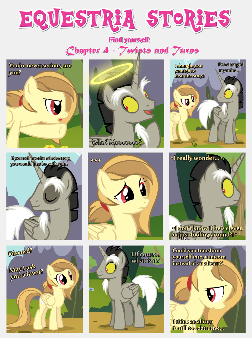 absurd_res alice_goldenfeather_(estories) black_border border cutie_mark dialogue discord_(mlp) duo ears_up equid equine estories eyes_closed fake_cutie_mark female feral friendship_is_magic frown glancing_back grass halo hasbro hi_res horn male mammal mountain my_little_pony open_mouth outside pathway pegasus plant smile tree winged_unicorn wings