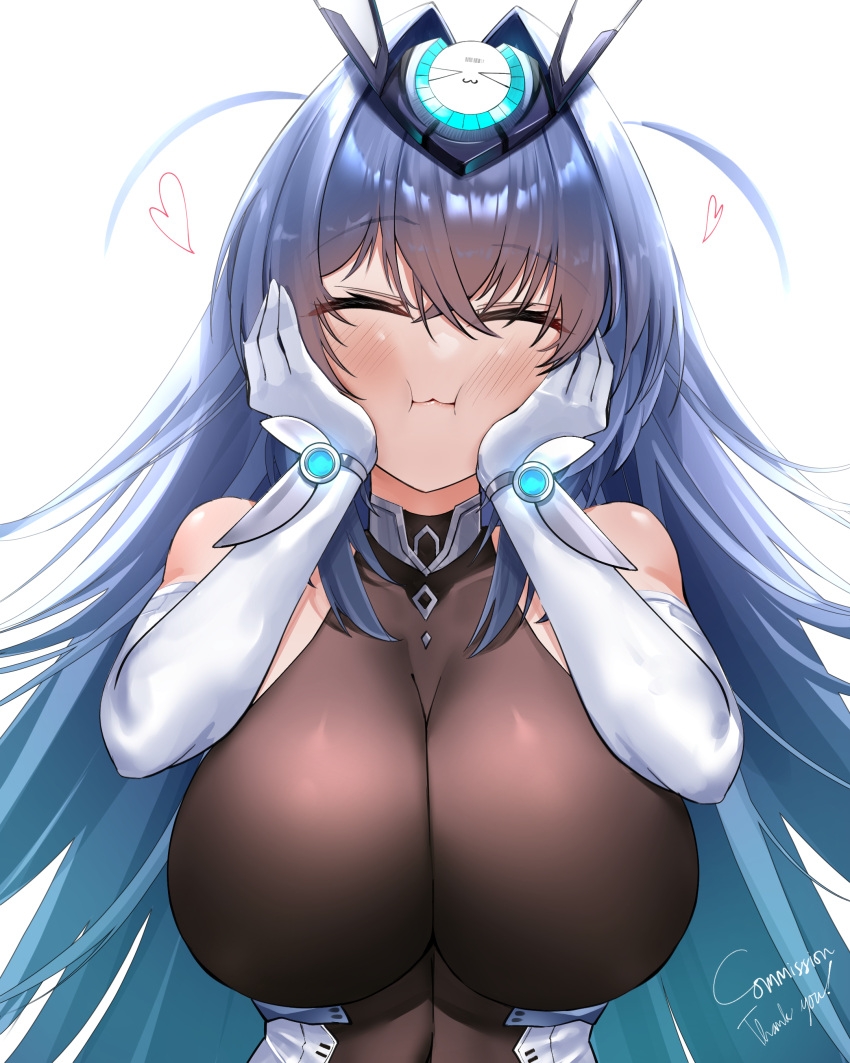 1girl :3 absurdres azur_lane bare_shoulders blue_hair blush bodystocking bodysuit breasts cheek_squash cleavage closed_eyes closed_mouth commission elbow_gloves english_text gloves hair_between_eyes hair_intakes hands_on_own_cheeks hands_on_own_face headgear heart highres impossible_bodystocking impossible_bodysuit impossible_clothes irkawaza large_breasts long_hair new_jersey_(azur_lane) see-through_cleavage simple_background solo solo_focus thank_you upper_body very_long_hair white_background white_gloves