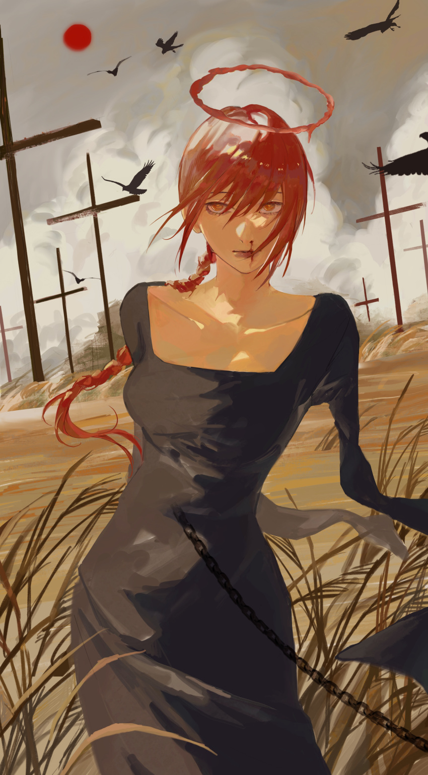 1girl absurdres amputee armless_amputee bird black_dress blood braid braided_ponytail chain chainsaw_man cross crow double_amputee dress field graveyard halo highres looking_at_viewer makima_(chainsaw_man) medium_hair nosebleed qii_yu red_hair red_halo ringed_eyes solo tombstone yellow_eyes
