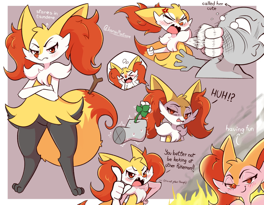 2023 absurd_res ambiguous_gender angry anthro artist_name blush braixen branch cross-popping_vein crossed_arms dialogue digital_media_(artwork) dipstick_tail english_text fangs feet fingers flower fur generation_6_pokemon hi_res holding_flower holding_object inner_ear_fluff jasminthemanticore looking_at_viewer markings multicolored_body multicolored_fur nintendo open_mouth plant pokemon pokemon_(species) punch simple_background smug tail tail_markings talking_to_viewer teeth text toes tsundere tuft