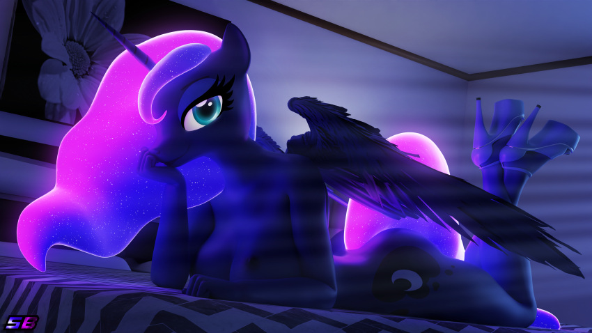 3d_(artwork) absurd_res anthro bed breasts clothing cutie_mark digital_media_(artwork) equid equine female footwear friendship_is_magic furniture glowing hand_on_chin hasbro hi_res high_heels horn looking_at_viewer lying mammal mostly_nude my_little_pony nipples on_front princess_luna_(mlp) shadowboltsfm solo winged_unicorn wings