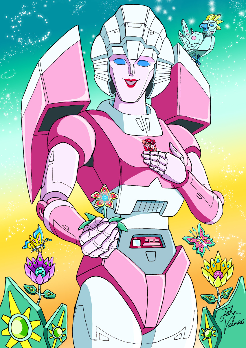 1girl absurdres arcee autobot backpack bag blue_eyes breasts flower hand_on_own_chest highres jp-v mecha mecha_musume medium_breasts panties pink_panties red_lips robot solo thighs toon_(style) transformers underwear