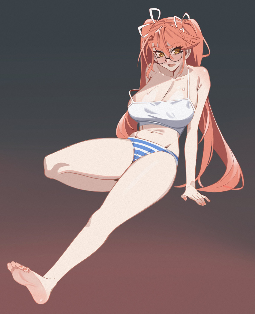 1girl absurdres bare_legs bare_shoulders barefoot blush breasts cleavage collarbone feet full_body glasses highres highschool_of_the_dead huge_breasts legs long_hair looking_at_viewer navel open_mouth panties pink_hair pixxel sitting soles solo striped striped_panties sweat takagi_saya thighs toenails toes twintails underwear very_long_hair
