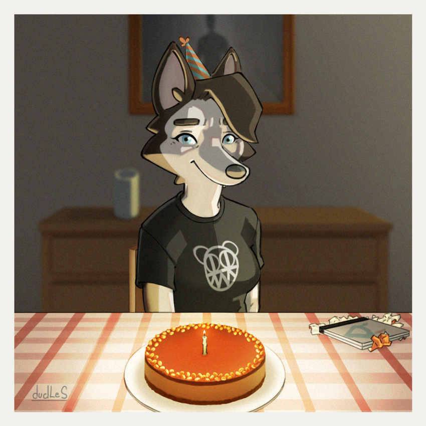 black_clothing black_hair black_nose black_shirt black_topwear blue_eyes book border cake candle candlelight canid canine canis chair cheek_tuft clothing colette_(dudles) container cup dessert domestic_dog dresser dudles eyebrows eyelashes facial_tuft female food fur furniture hair hat headgear headwear husky inner_ear_fluff light looking_at_viewer mammal multicolored_body multicolored_fur neck_tuft nordic_sled_dog party_hat pattern_clothing pattern_hat pattern_headgear pattern_headwear picture_frame plate shirt siberian_husky sitting smile smiling_at_viewer solo spitz striped_clothing striped_hat striped_headgear striped_headwear stripes table tablecloth topwear tuft white_border wrapping_paper