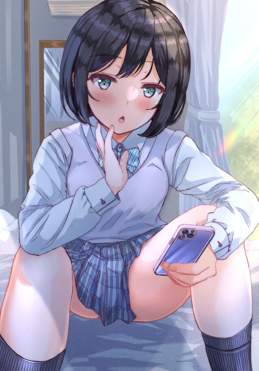 1girl :&lt; air_conditioner black_hair black_socks blue_bow blue_bowtie blue_eyes blue_skirt blue_sky blush bob_cut bow bowtie breasts cellphone curtains diagonal-striped_bowtie dress_shirt foliage fushimi_asuha grey_sweater_vest hand_on_own_chin highres holding holding_phone indoors knees_up long_sleeves looking_at_viewer medium_breasts miniskirt mirror on_bed open_mouth phone pink_nails plaid plaid_skirt pleated_skirt raised_eyebrows school_uniform shadow shirt short_hair sitting skirt sky smartphone socks spread_legs sun_glare sweater_vest thighs white_shirt window