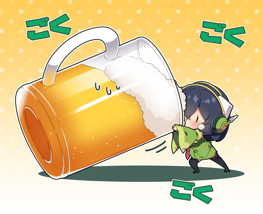 1girl alcohol beer beer_mug black_hair black_thighhighs blush brown_eyes chibi commentary_request cup detached_sleeves foam green_jacket green_skirt green_sleeves hair_between_eyes headphones highres jacket kyoumachi_seika long_sleeves milkpanda minigirl mug necktie no_shoes polka_dot polka_dot_background red_necktie skirt sleeveless sleeveless_jacket sleeves_past_wrists solid_oval_eyes solo standing thighhighs translation_request voiceroid wide_sleeves