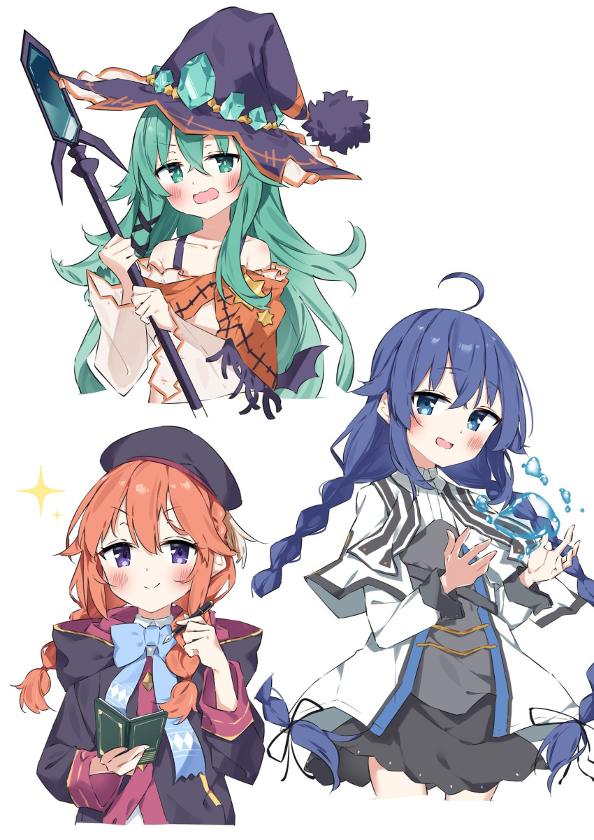 3girls ahoge bare_shoulders blue_eyes blue_hair blue_ribbon blush book braid date_a_live gem green_eyes green_gemstone green_hair hat hat_ornament highres long_hair multiple_girls mushoku_tensei natsumi_(date_a_live) open_mouth orange_hair princess_connect! purple_eyes ribbon roxy_migurdia smile smug suta0822 twin_braids water witch witch_hat yuni_(princess_connect!)