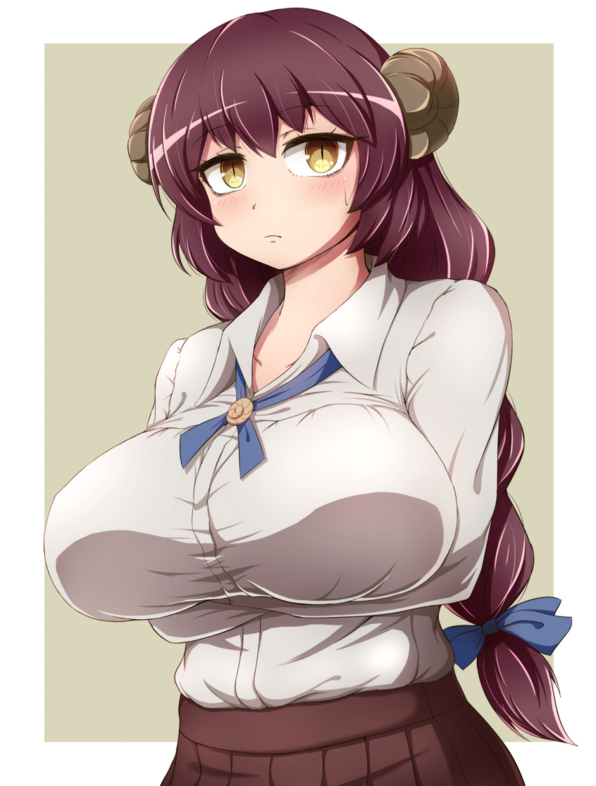 1girl animal_hair_ornament artist_request blush breasts brown_hair fate/grand_order fate_(series) fossil hair_ribbon highres large_breasts learning_with_manga!_fgo long_hair looking_to_the_side mary_anning_(fate) ribbon shirt white_background white_shirt yellow_eyes