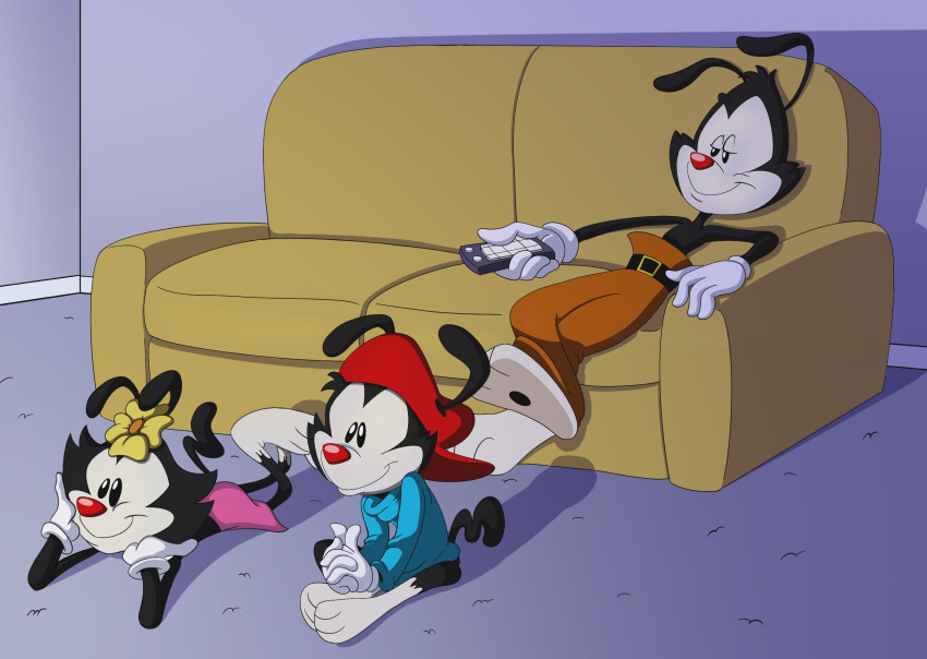 animaniacs anthro barefoot clothing dot_warner feet female furniture group hi_res inkblot male scottforester17 sibling_(lore) sitting smile sofa trio wakko_warner warner_brothers yakko_warner