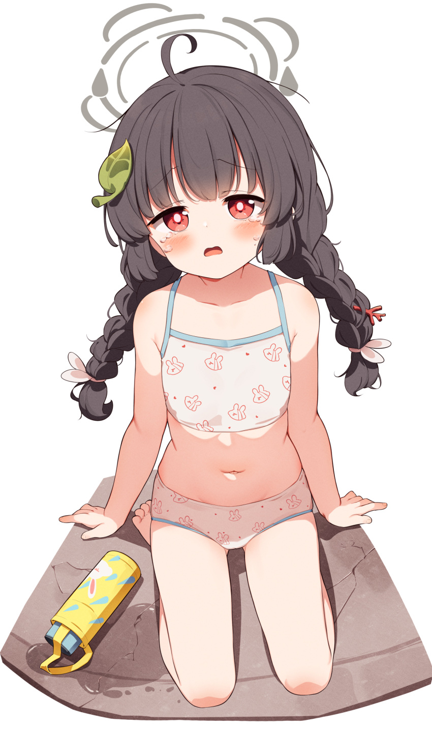 1girl absurdres ahoge bare_arms bare_legs bare_shoulders barefoot bikini black_hair blue_archive blush commentary_request crying crying_with_eyes_open full_body furrowed_brow halo highres looking_at_viewer miyu_(blue_archive) miyu_(swimsuit)_(blue_archive) navel official_alternate_costume open_mouth red_eyes seiza setmen simple_background sitting solo spill spilling swimsuit tears thermos white_background white_bikini