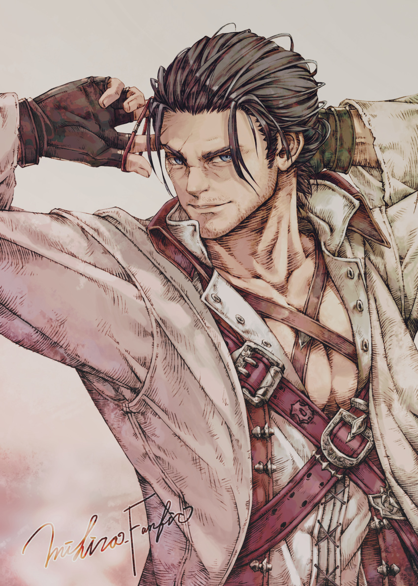 1boy absurdres adventurer_(ff14) arms_behind_head arms_up blue_eyes brown_hair coat collarbone collared_shirt facial_hair final_fantasy final_fantasy_xiv fingerless_gloves fingernails gloves hair_slicked_back highres lips long_sleeves looking_at_viewer male_focus mature_male mihira_(tainosugatayaki) open_clothes open_coat parted_lips pectoral_cleavage pectorals shirt short_hair signature smile solo stubble toned upper_body v-neck warrior_of_light_(ff1) warrior_of_light_(ff14)