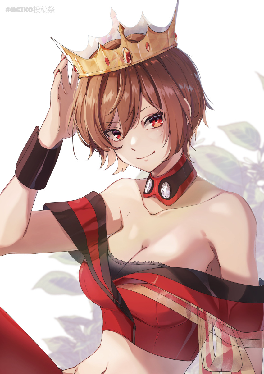 1girl absurdres breasts brown_hair commentary crop_top crown highres large_breasts meiko_(vocaloid) red_eyes red_nails short_hair smile solo symbol-only_commentary vocaloid wrist_cuffs yen-mi