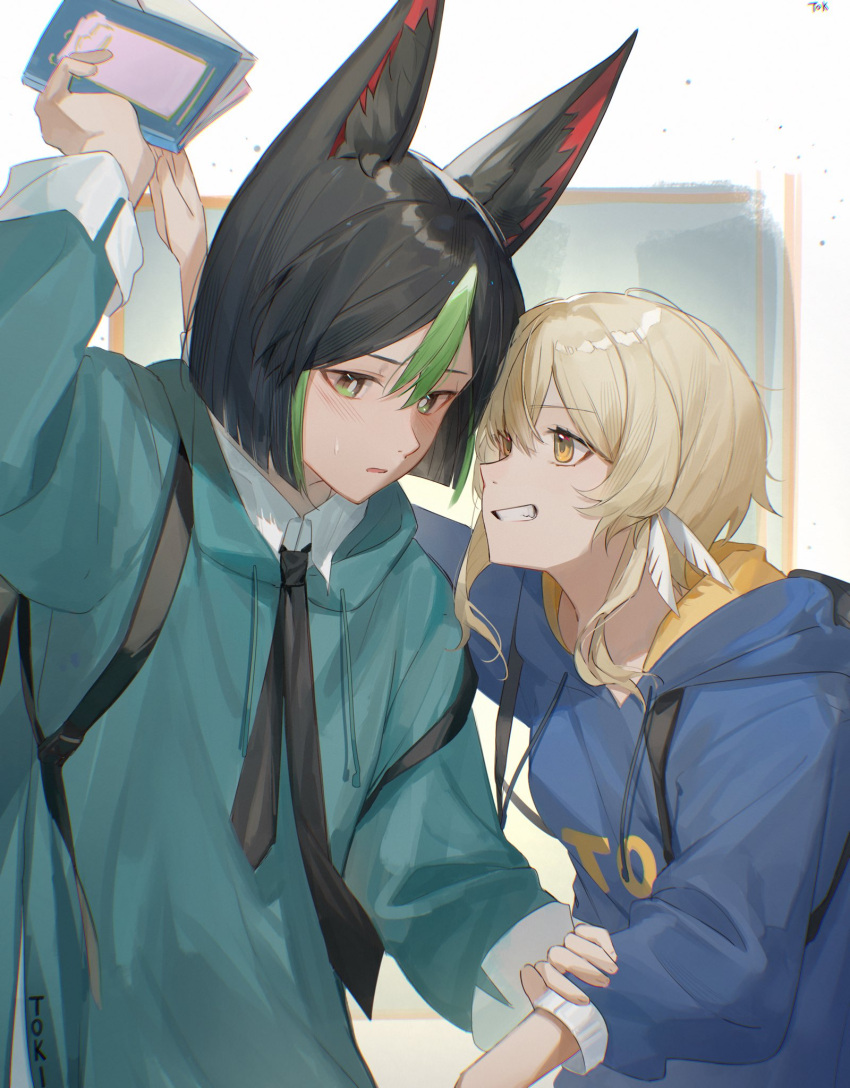 1boy 1girl alternate_costume animal_ear_fluff animal_ears aqua_hoodie backpack bag black_hair black_necktie blonde_hair blue_hoodie book fox_boy fox_ears genshin_impact green_eyes green_hair hair_between_eyes hair_ornament highres holding holding_book hood hoodie long_hair long_sleeves lumine_(genshin_impact) multicolored_hair necktie short_hair smile streaked_hair teeth tighnari_(genshin_impact) tokirda yellow_eyes