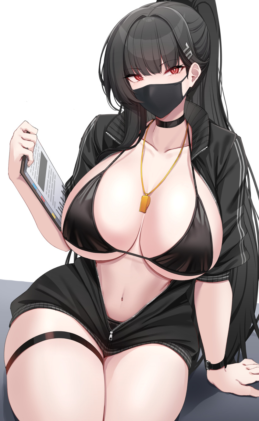 1girl absurdres alternate_costume bikini black_bikini black_hair blue_archive blunt_bangs breasts choker clipboard collarbone hair_ornament hairclip highres holding holding_clipboard huge_breasts jacket kanta_(kanta_077) long_hair looking_at_viewer mask mouth_mask navel partially_unzipped ponytail red_eyes rio_(blue_archive) sideboob sitting solo stomach swimsuit thigh_strap thighs track_jacket underboob very_long_hair watch whistle whistle_around_neck wristwatch