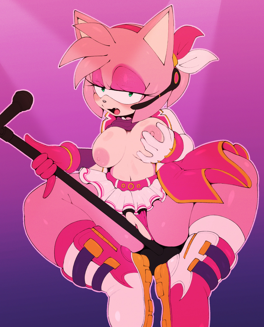 absurd_res amy_rose anthro blush breasts clothed clothing eulipotyphlan female footwear fur genitals gloves green_eyes hair handwear hedgehog hi_res mammal nipples open_mouth pink_body pussy sega simple_background sinrizuki solo sonic_the_hedgehog_(series)