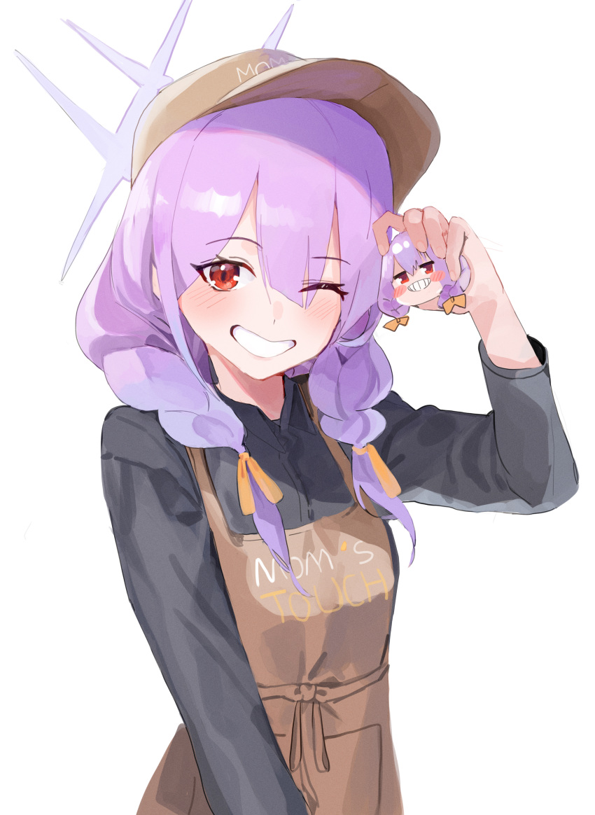 1girl absurdres apron atsuko's_grin_(meme) atsuko_(blue_archive) black_shirt blue_archive blush braid brown_apron brown_headwear collared_shirt ggab0621 grin halo hat highres long_hair long_sleeves looking_at_viewer meme mom's_touch one_eye_closed purple_hair purple_halo red_eyes shirt simple_background smile solo twin_braids white_background