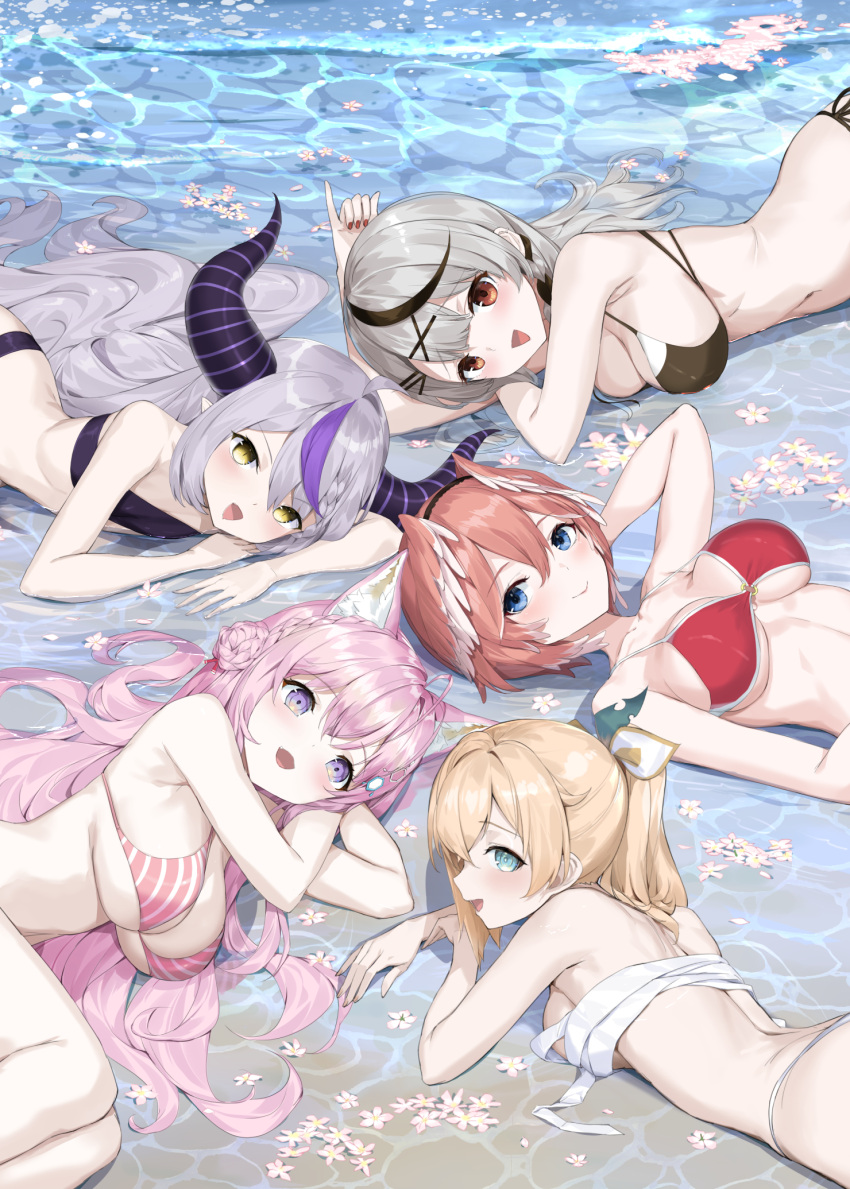 5girls ahoge animal_ear_fluff animal_ears antenna_hair armpit_crease back bare_arms bare_shoulders bikini black_bikini black_hair black_hairband blonde_hair blue_eyes braid braided_bangs braided_bun breasts brown_eyes caustics chest_sarashi cleavage closed_mouth crown_braid crystal_shoujo demon_horns ear_piercing fang fingernails flat_chest flower green_eyes grey_hair hair_between_eyes hair_bun hair_ornament hair_ribbon hair_wings hairband hairclip hakui_koyori highres hololive holox horns kazama_iroha knees la+_darknesss large_breasts leaf_hair_ornament legs light_blush long_hair looking_at_another looking_at_viewer lying lying_on_water multicolored_hair multiple_girls nail_polish navel o-ring o-ring_bikini on_back on_side on_stomach open_mouth orange_hair petals petals_on_liquid piercing pink_bikini pink_flower pink_hair pinky_out pointy_ears ponytail purple_bikini purple_eyes purple_hair purple_horns red_bikini red_nails red_ribbon ribbon sakamata_chloe sarashi short_hair side-tie_bikini_bottom smile stomach strapless strapless_bikini streaked_hair string_bikini striped striped_bikini striped_horns swimsuit takane_lui two-tone_hair undone_sarashi virtual_youtuber water white_bikini white_ribbon wolf_ears wolf_girl x_hair_ornament yellow_eyes