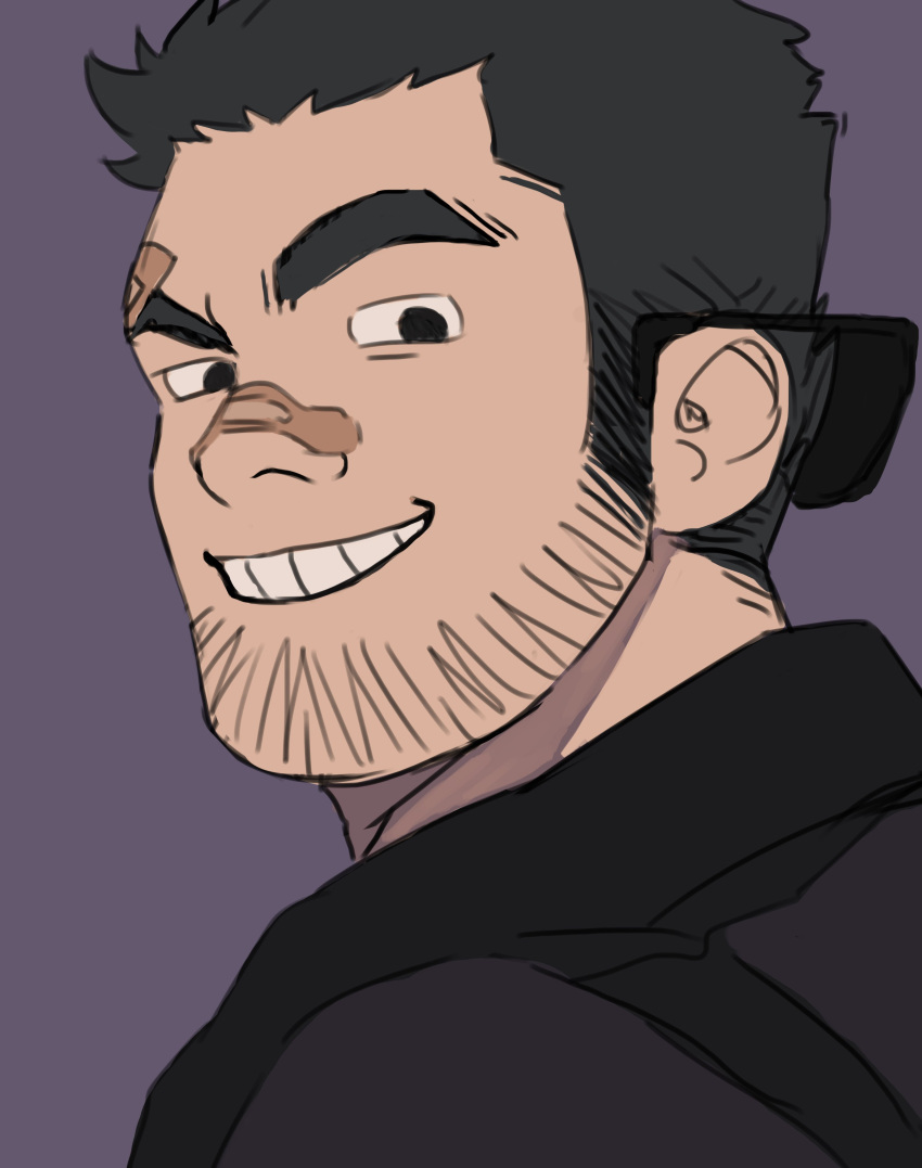 1boy absurdres bandaid bandaid_on_face bandaid_on_forehead bara beard_stubble black_hair edeued_(dpemrmfla) highres huge_eyebrows looking_at_viewer looking_back lucas_lee male_focus portrait purple_background raised_eyebrow scott_pilgrim_takes_off short_hair smile smirk solo unfinished