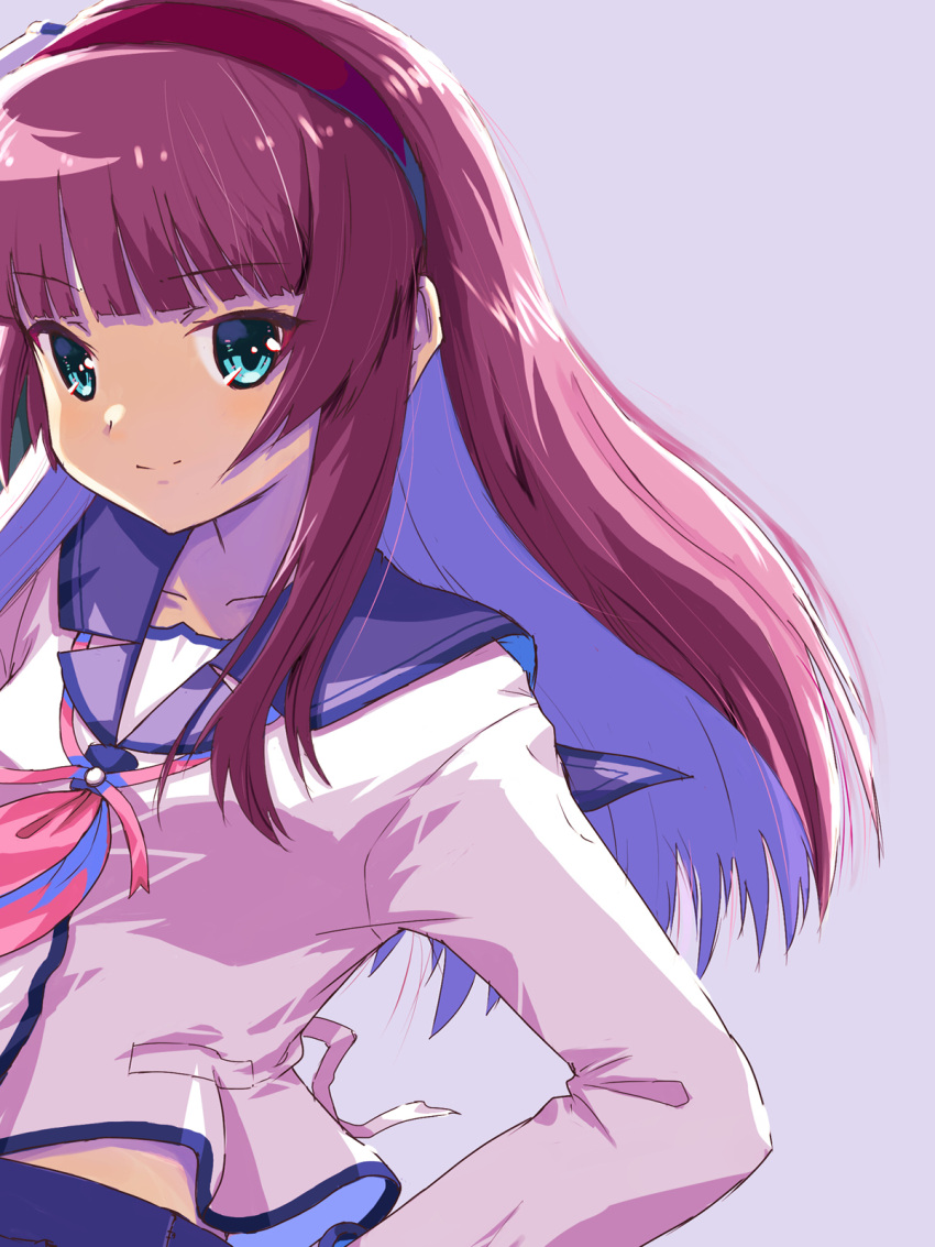 1girl akayama_yukihe alternate_eye_color alternate_hair_length alternate_hairstyle angel_beats! aqua_eyes black_hairband blue_sailor_collar blunt_bangs closed_mouth commentary eyelashes floating_hair grey_background hairband highres light_blush long_hair long_sleeves looking_at_viewer nakamura_yuri neckerchief pink_neckerchief purple_hair sailor_collar shinda_sekai_sensen_uniform shirt sidelighting sidelocks simple_background smile solo straight_hair upper_body white_shirt