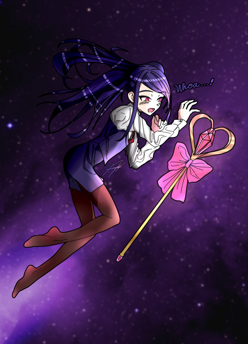 1girl absurdres floating gem griffinichirou heart highres huge_bow jill_stingray long_hair long_sleeves necktie no_shoes pantyhose pencil_skirt purple_eyes purple_hair red_necktie shirt sidelocks signature skirt solo space staff va-11_hall-a vest white_shirt