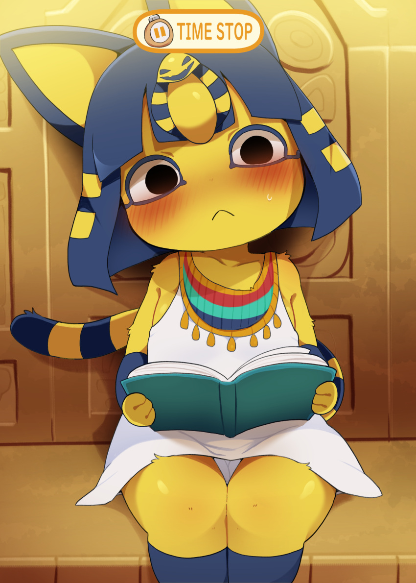 2023 animal_crossing ankha_(animal_crossing) anthro blush book clothed clothing dagasi digital_media_(artwork) domestic_cat english_text felid feline felis female front_view fur hair hi_res looking_at_viewer mammal nintendo sitting solo text