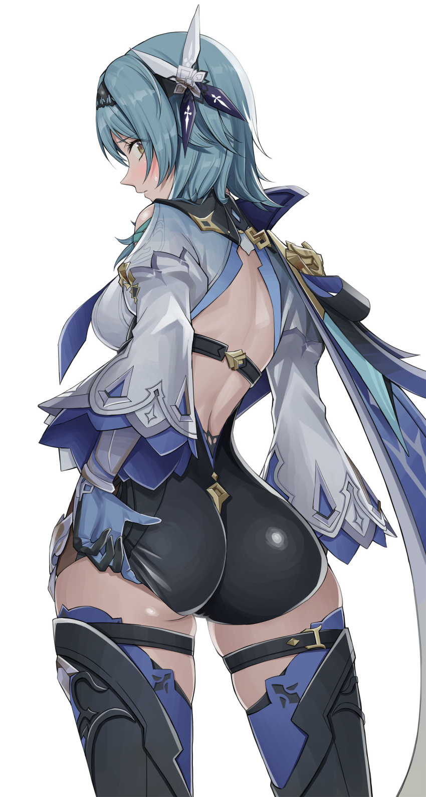 1girl absurdres ass black_hairband black_headband black_leotard blue_gloves blue_hair blue_necktie blush breasts clothing_cutout eula_(genshin_impact) genshin_impact gloves hair_between_eyes hair_ornament hairband headband highres large_breasts leotard long_hair long_sleeves looking_at_viewer medium_hair necktie shoulder_cutout solo takai_isshiki thighhighs thighs yellow_eyes