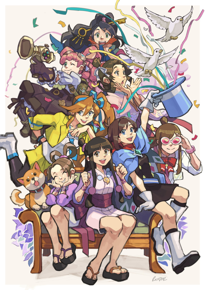 6+girls :d :p absurdres ace_attorney antenna_hair arm_at_side athena_cykes bead_necklace beads belt_pouch bird black_dress black_footwear black_gloves black_hair black_pantyhose black_skirt blue_cape blue_eyes blue_necktie blue_ribbon blue_scarf blunt_bangs boots border bow bowtie brown_eyes brown_hair buttons cape clenched_hands closed_eyes closed_mouth coat collared_shirt couch crescent crescent_earrings cropped_jacket dress earrings ema_skye floral_print frilled_gloves frilled_sleeves frills from_hat_trick gem geta gloves goggles goggles_on_head green_eyes green_gemstone grin hair_ribbon hair_rings hands_on_own_chin hands_up happi hat highres holding holding_clothes holding_hat iris_wilson jacket japanese_clothes jewelry juliet_sleeves kay_faraday key_hair_ornament kimono lapel_pin lapels leg_up long_hair long_sleeves looking_at_viewer low_tied_sidelocks magatama magatama_necklace maya_fey missile_(ace_attorney) multiple_girls name_tag necklace necktie one_eye_closed open_mouth orange_hair outside_border pantyhose parted_bangs pearl_fey pink-tinted_eyewear pink_hair pink_kimono pink_shirt ponytail pouch print_kimono puffy_sleeves purple_jacket purple_ribbon purple_sash red_bow red_bowtie red_gloves red_scarf ribbon rica_diaz sash scarf shirt short_dress short_kimono side_ponytail sidelocks signature sitting skirt sleeves_past_elbows sleeves_rolled_up smile standing striped striped_pantyhose surprised susato_mikotoba swept_bangs tinted_eyewear tongue tongue_out topknot trucy_wright vertical-striped_pantyhose vertical_stripes very_long_hair watch white-framed_eyewear white_bird white_border white_coat white_footwear white_gloves white_kimono white_ribbon white_shirt wide_ponytail wrist_ribbon wristwatch yellow_jacket yellow_skirt