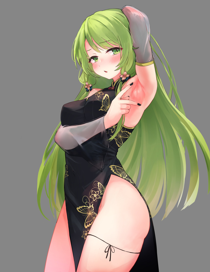 1girl absurdres animal_print arm_up armpits black_dress black_nails blush breasts butterfly_print china_dress chinese_clothes detached_sleeves dress festa11307070 flower green_eyes green_hair grey_background hair_flower hair_ornament highres long_hair looking_at_viewer medium_breasts morinaka_kazaki nail_polish nijisanji presenting_armpit print_dress see-through see-through_sleeves simple_background solo spread_armpit standing thighs very_long_hair virtual_youtuber