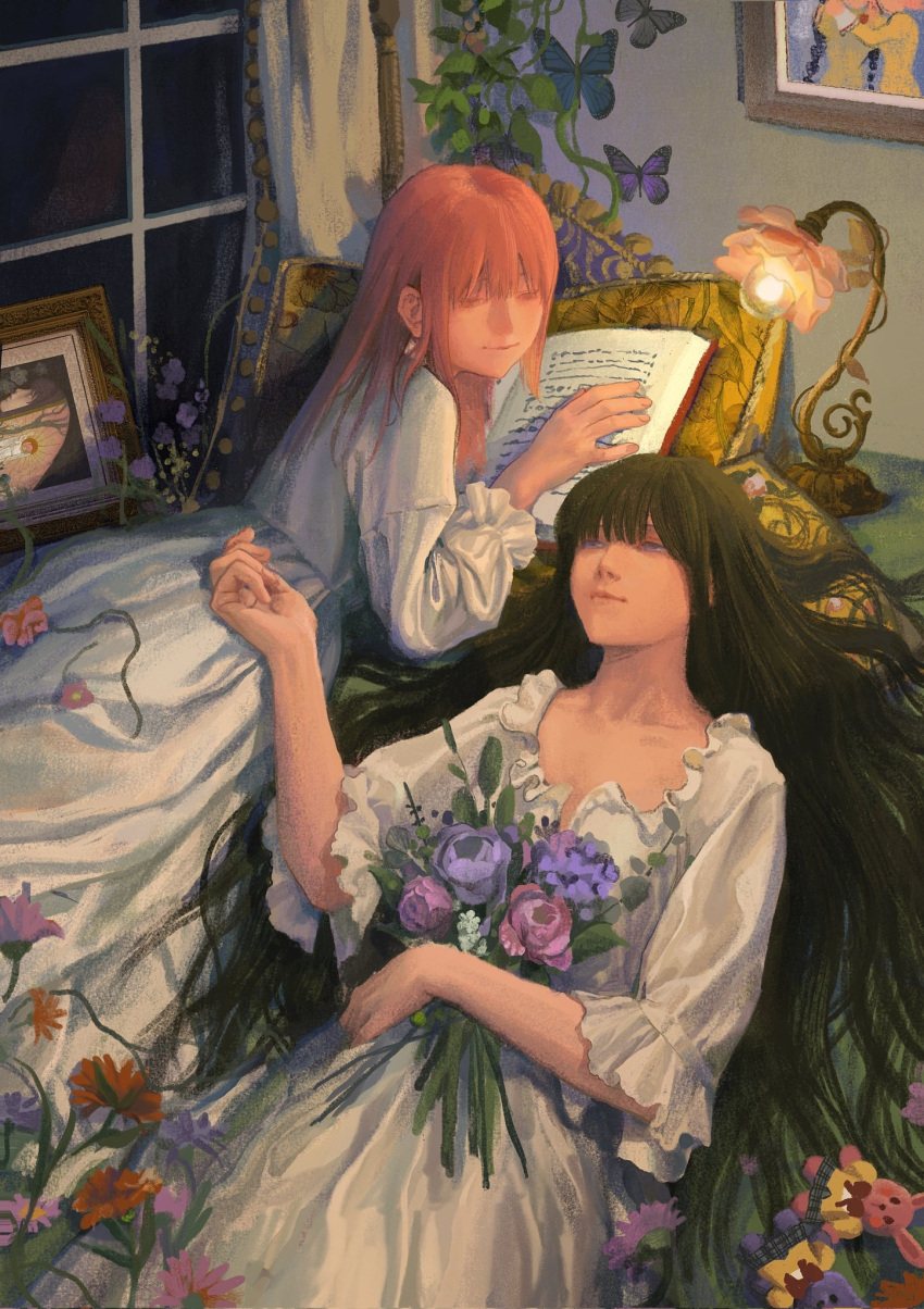 2girls akemi_homura alternate_costume black_hair book bouquet bug butterfly chinese_commentary collarbone commentary_request cowboy_shot curtains dress eye_contact flower frilled_dress frills from_above hair_spread_out half-closed_eyes highres holding holding_bouquet indoors kaname_madoka lamp long_hair looking_at_another lying mahou_shoujo_madoka_magica medium_hair miaoyunyun multiple_girls night nightgown on_back on_stomach open_book picture_(object) pillow pink_eyes pink_flower pink_hair pink_rose purple_eyes purple_flower purple_rose rose smile white_dress white_nightgown wind yuri