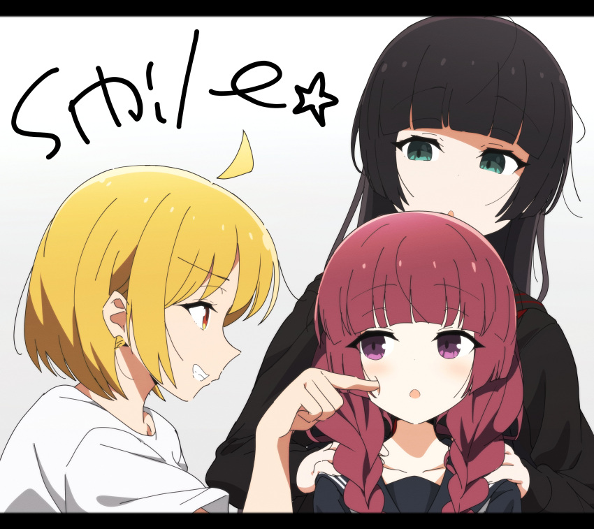 3girls absurdres aged_down ahoge aqua_eyes black_hair blonde_hair bocchi_the_rock! braid cheek_poking detached_ahoge goumonsha grin hand_on_another's_shoulder highres hime_cut hiroi_kikuri ijichi_seika letterboxed long_hair multiple_girls pa-san poking purple_eyes purple_hair school_uniform serafuku shirt short_hair smile twin_braids white_shirt