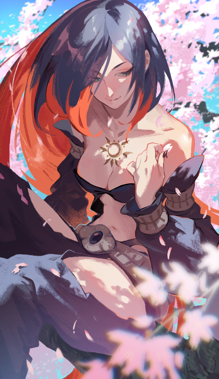 1girl absurdres black_hair black_suit blue_eyes blue_sky breasts chest_tattoo cleavage crow_(gravity_daze) formal gravity_daze highres long_hair long_sleeves medium_breasts midriff mossan351 sitting sky smile suit tattoo