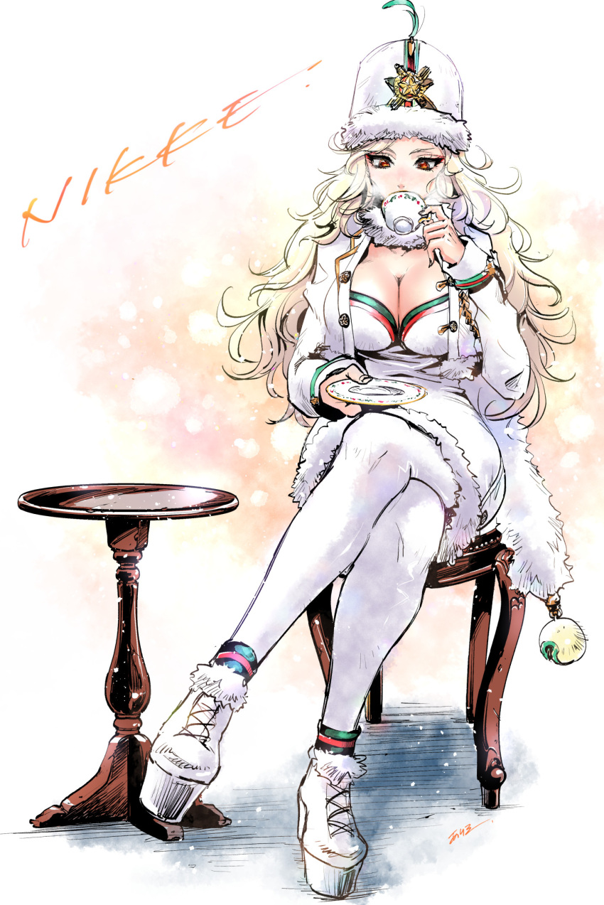 1girl ankle_boots bell blonde_hair boots breasts cleavage crossed_legs cup dress drinking english_text full_body fur-trimmed_dress fur-trimmed_headwear fur_collar fur_hat fur_trim goddess_of_victory:_nikke gold_trim hat highres holding holding_cup holding_plate jacket large_breasts long_hair ludmilla_(nikke) military_jacket oota_alisa plate red_eyes round_table signature sitting solo table thighhighs wavy_hair white_footwear white_jacket white_thighhighs wooden_table