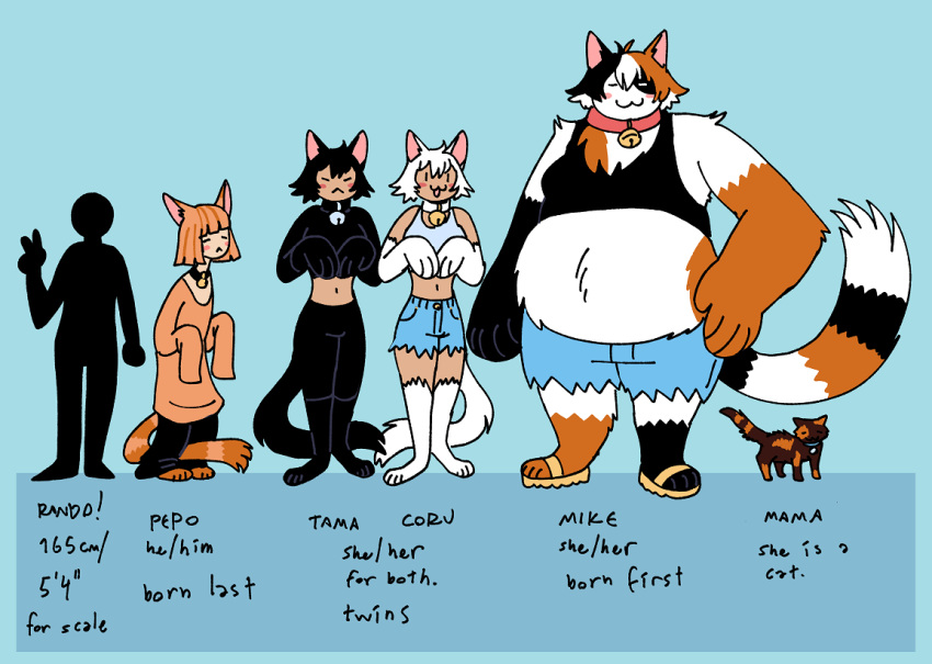 ambiguous_gender animal_humanoid anthro bell bell_collar blue_background brother_(lore) brother_and_sister_(lore) calico_cat cat_humanoid chart collar coru_(spoonfayse) daughter_(lore) domestic_cat english_text felid felid_humanoid feline feline_humanoid felis female feral group height_chart human humanoid male mammal mammal_humanoid mike_(spoonfayse) mother_(lore) mother_and_child_(lore) mother_and_daughter_(lore) mother_and_son_(lore) parent_(lore) parent_and_child_(lore) parent_and_daughter_(lore) parent_and_son_(lore) pepo_(spoonfayse) pronouns sibling_(lore) simple_background sister_(lore) sisters_(lore) son_(lore) spoonfayse tama_(spoonfayse) text ych_(character)