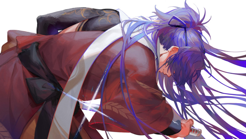 1boy bent_over chago_(aruchagos7180) covered_eyes cowboy_shot fate_(series) from_side glint hadanugi_dousa highres japanese_clothes katana kimono long_hair long_sleeves male_focus okada_izou_(fate) ponytail profile purple_hair red_kimono scarf sheath shrug_(clothing) simple_background solo sword unsheathing very_long_hair weapon white_background white_scarf