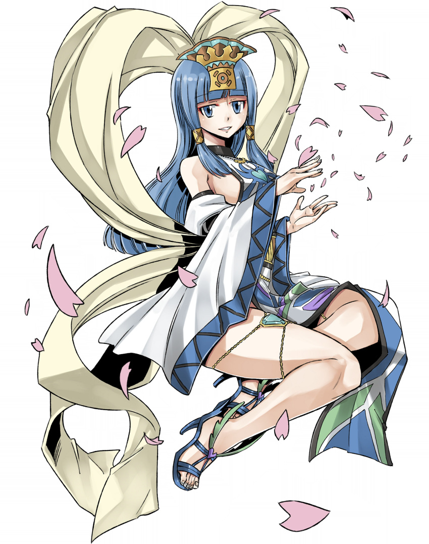 1girl blue_eyes blue_footwear blue_hair blue_sleeves breasts detached_sleeves falling_petals full_body gate_of_nightmares hair_ornament highres long_hair looking_at_viewer marchello_(gate_of_nightmares) mashima_hiro medium_breasts official_art petals sandals sideboob simple_background solo transparent_background