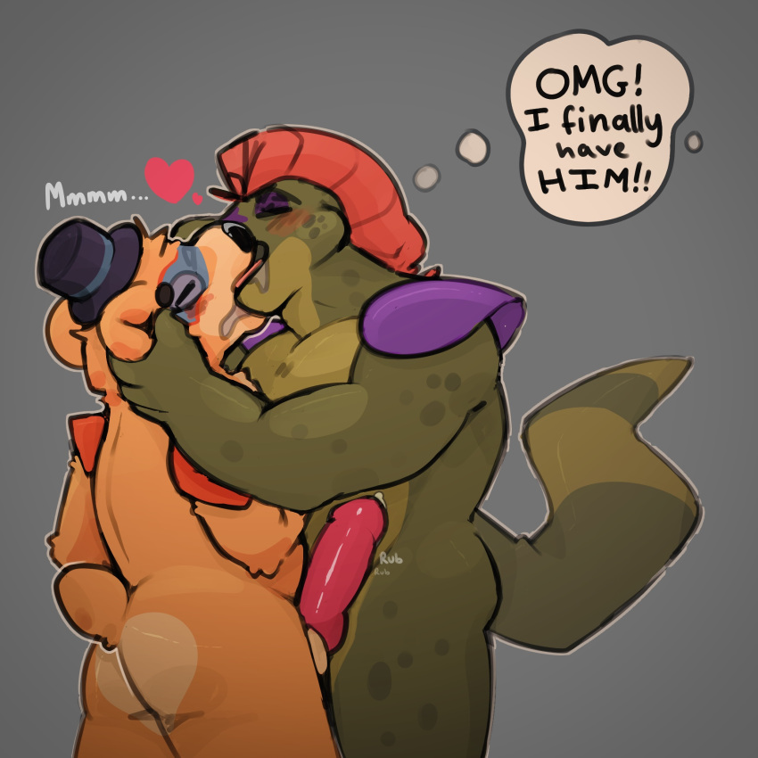 alligator alligatorid anthro balls beat big_butt big_knot big_penis big_tail blush blush_lines bodily_fluids butt clothing crocodilian cum dialogue drooling drooling_on_partner duo eyes_closed five_nights_at_freddy's five_nights_at_freddy's:_security_breach freddy_(fnaf) french_kissing fur fur_tuft genital_fluids genitals glamrock_freddy_(fnaf) glistening glistening_butt glistening_genitalia glistening_knot glistening_penis green_body green_skin hair hand_on_head hat hat_only headgear headgear_only headwear headwear_only hi_res kissing knot male male/male mohawk montgomery_gator_(fnaf) mostly_nude muscular muscular_male neck_tuft nude onomatopoeia orange_body orange_fur penis precum red_hair red_knot reptile saliva scalie scottgames short_tail shoulder_pads simple_background size_difference sound_effects spots spyromancer standing steel_wool_studios tail tan_body tan_fur text though_bubble tongue tongue_out tuft
