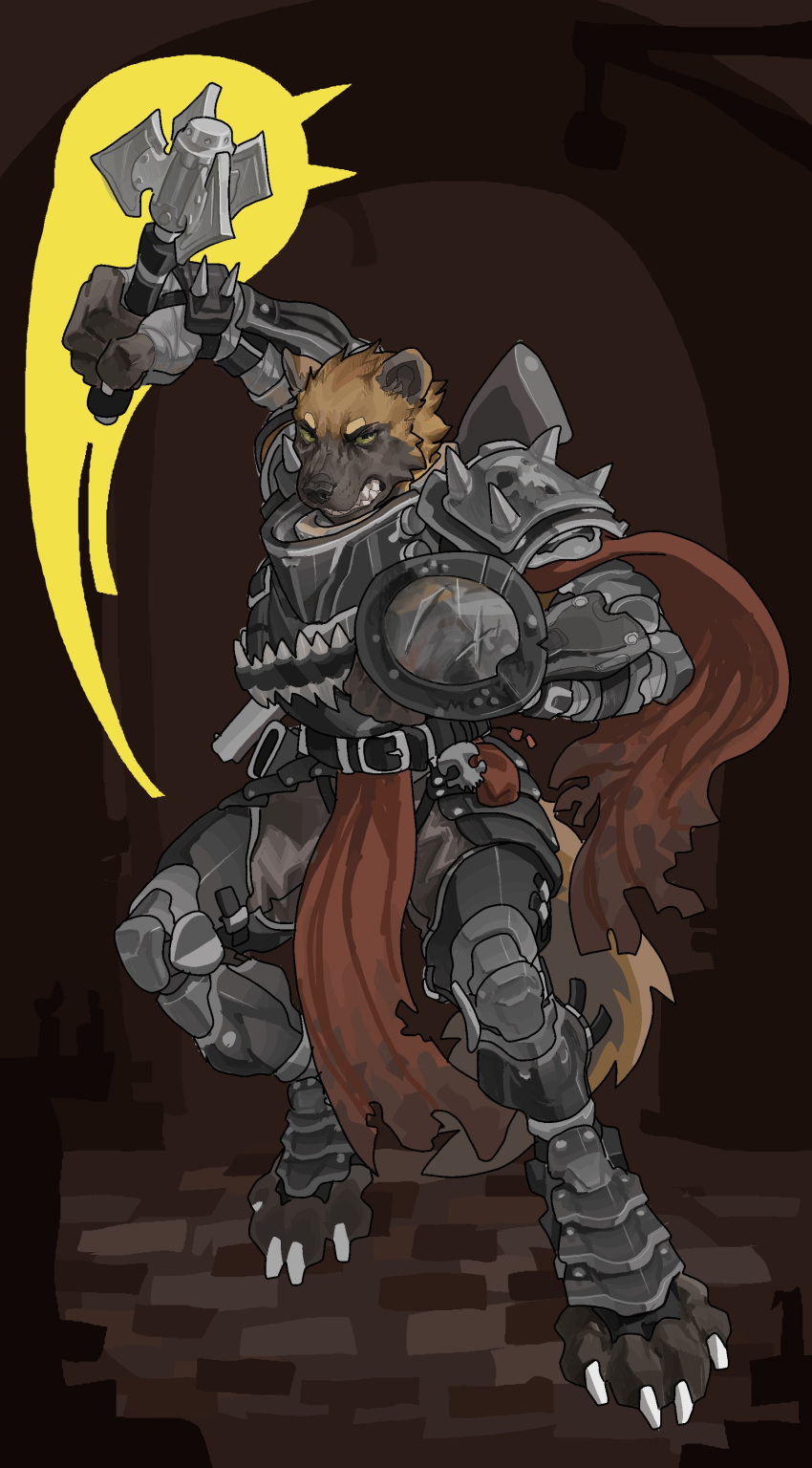 2023 absurd_res action_pose anthro armor biped black_body black_fur breastplate brown_body brown_fur buckler canid canine claws clenched_teeth clothing digital_media_(artwork) digitigrade full-length_portrait fur greaves green_eyes hat headgear headwear hi_res holding_mace holding_object holding_shield holding_weapon mace male mammal melee_weapon multicolored_body multicolored_fur nsfuwu4 pauldron portrait pose shield solo teeth toe_claws vambrace weapon