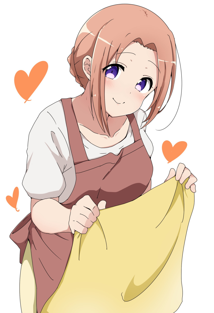 1girl apron blush breasts brown_apron brown_hair closed_mouth collarbone commentary_request cowboy_shot gochuumon_wa_usagi_desu_ka? heart highres holding hoto_cocoa's_mother looking_at_viewer medium_breasts parted_bangs purple_eyes riyo_(aokiwazumi) shirt short_hair short_hair_with_long_locks short_sleeves sidelocks simple_background skirt smile solo standing white_background white_shirt yellow_skirt